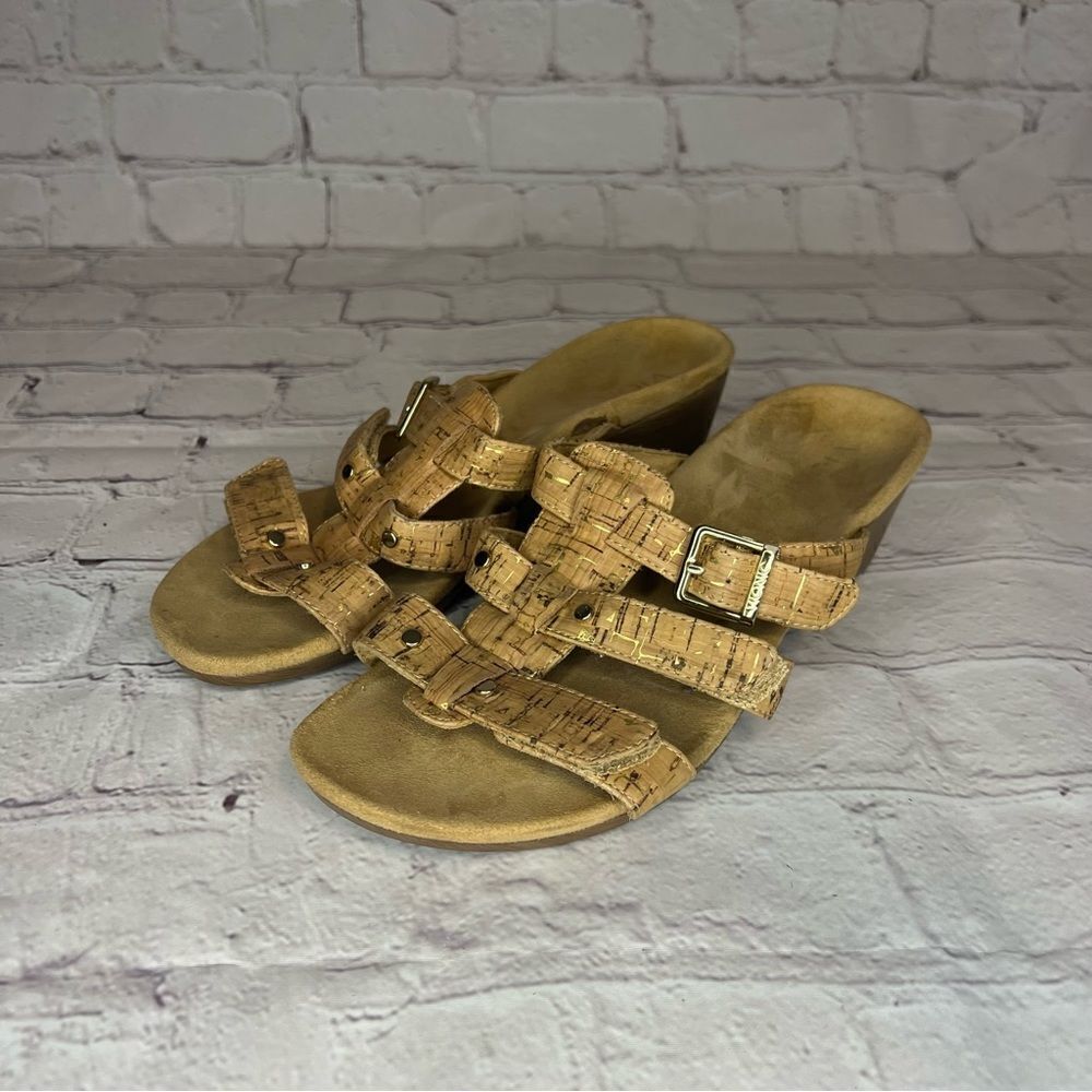 Vionic Skylar Brown Cork Print Adjustable Buckle Slide Sandals Shoes Women's 6